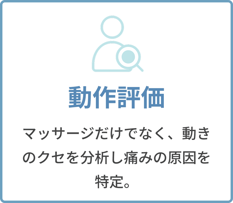 動作評価。マッサージだけでなく、動きのクセを分析し痛みの原因を特定。