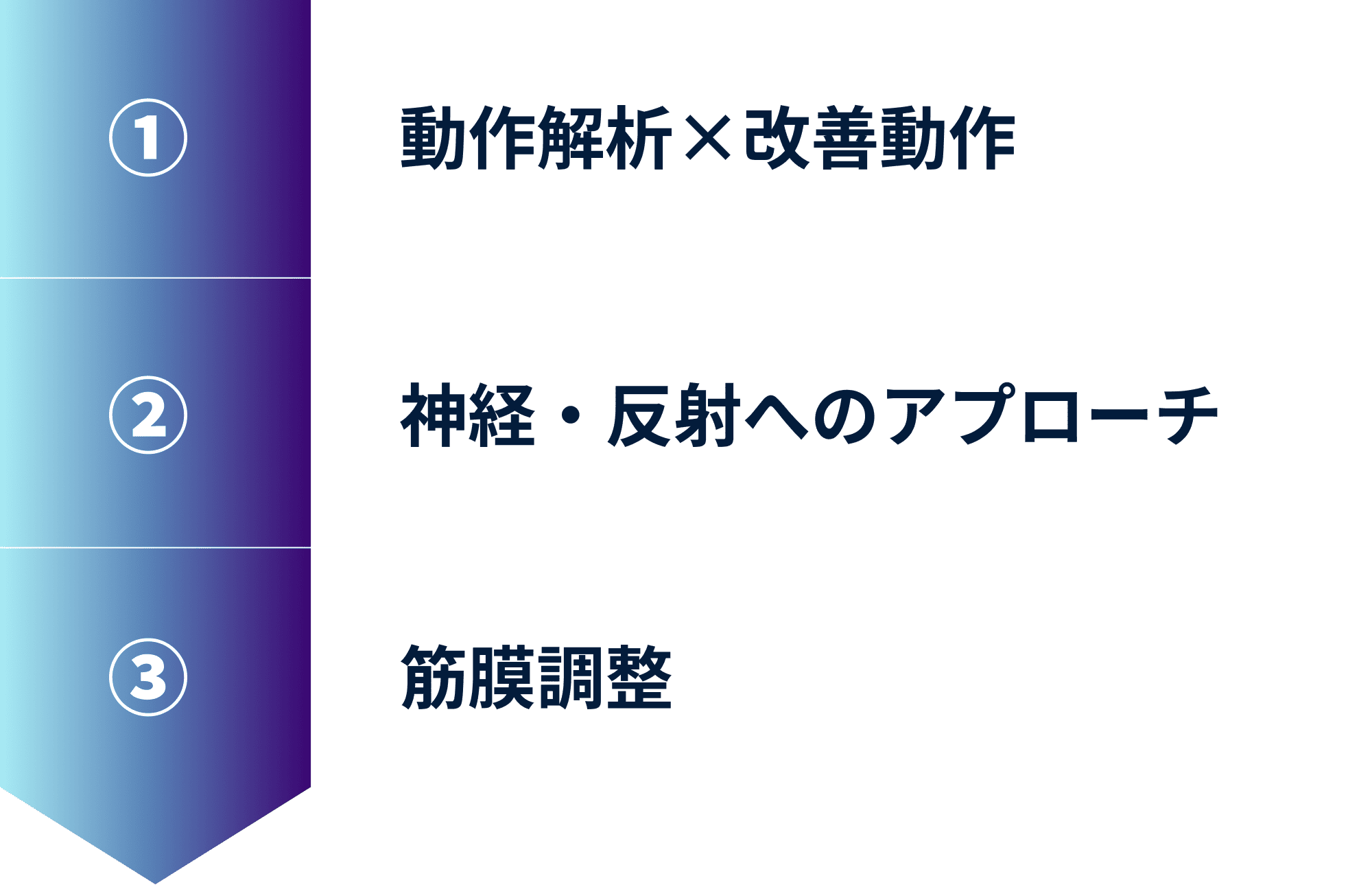 1 動作解析×改善動作、2 神経・反射へのアプローチ、3 筋膜調整