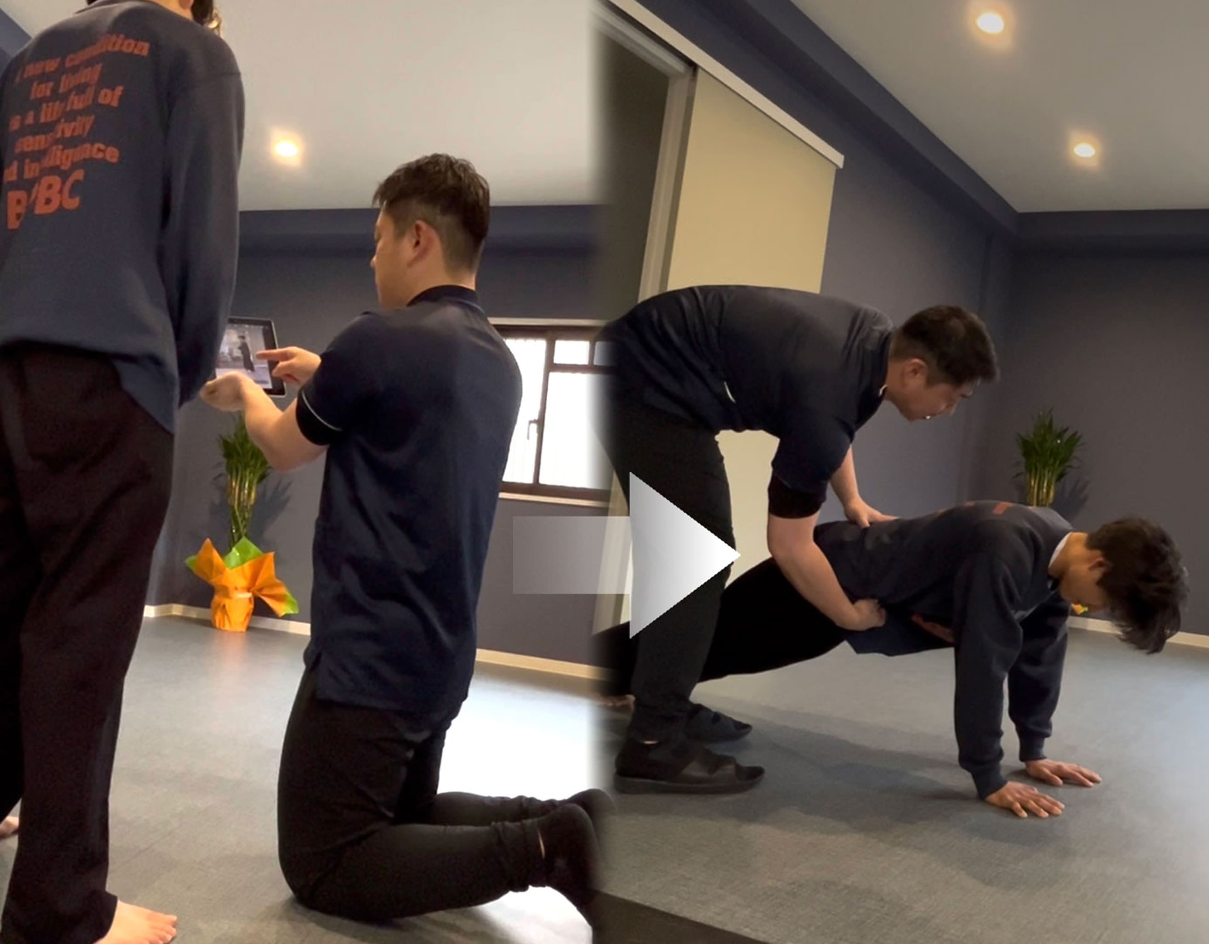 タブレットを使った動作解析と姿勢改善トレーニングの様子